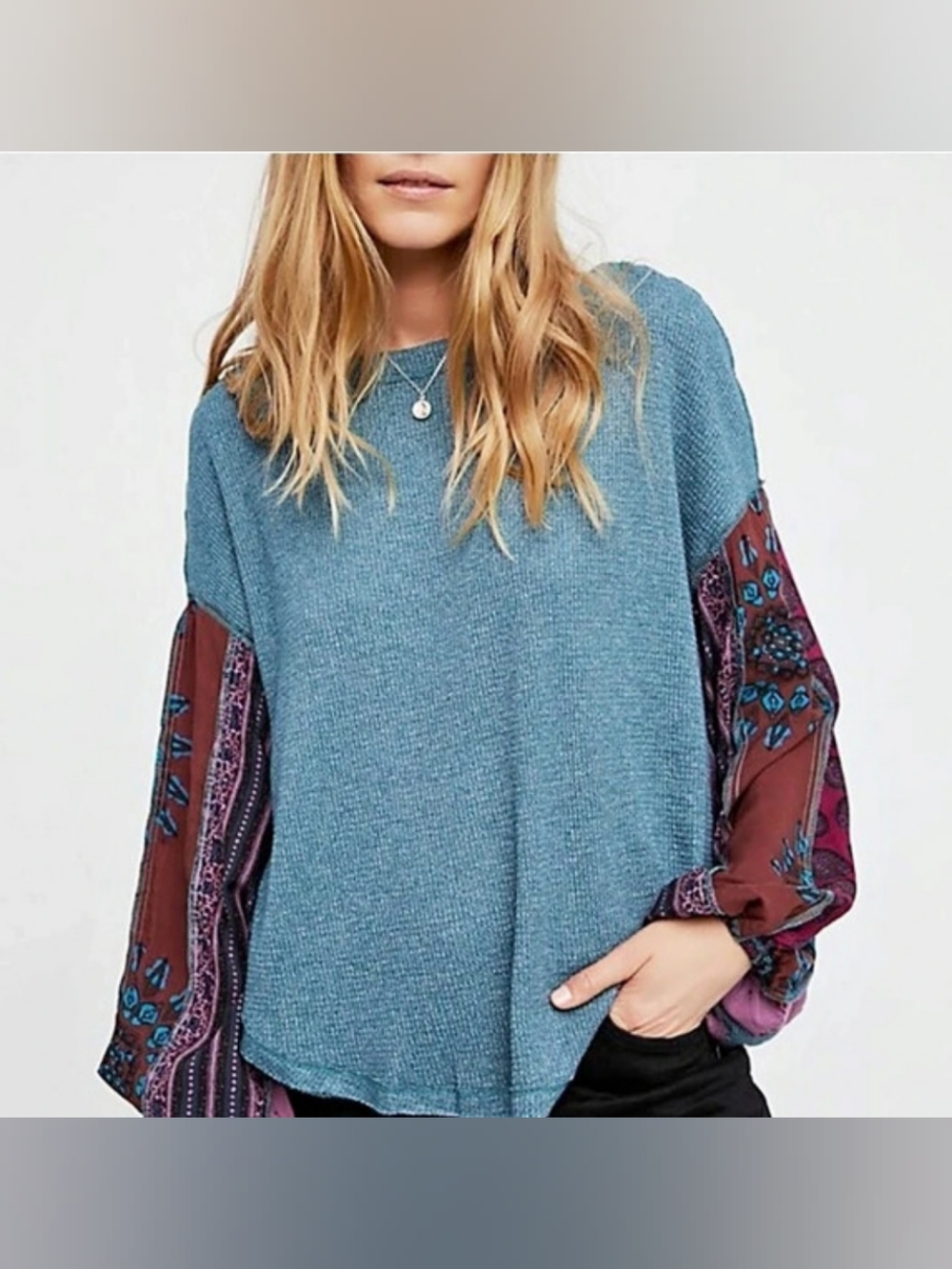 Free People We The Free Blossom Thermal Top Blue & Purple Raw Seam Scarf Sleeves